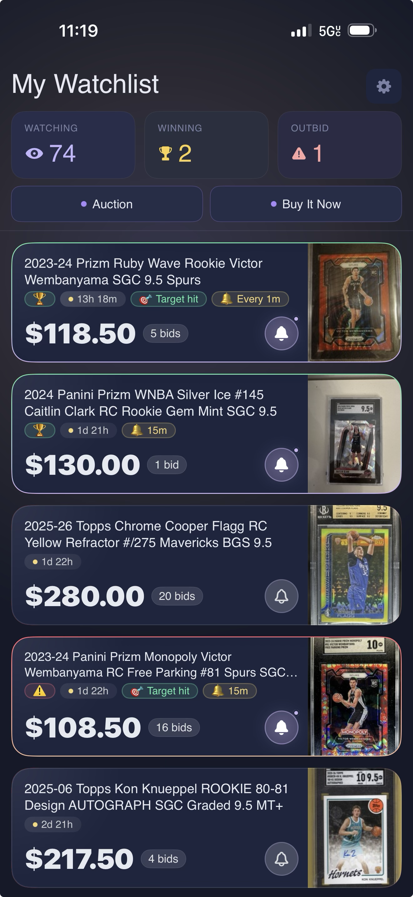 Aucword app showing a watchlist of sports card auctions with live countdowns, price alerts, and bid counts